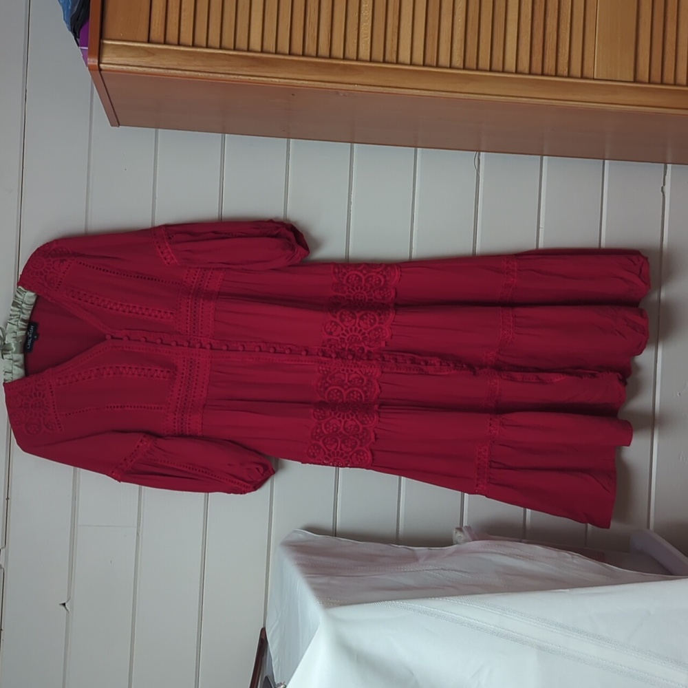 Boho Red Lace Long Sleeve Dress